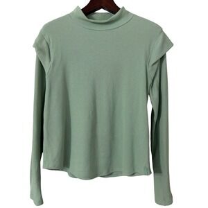 Free People We The Free Sage Green Waffle Knit Ruffle Shoulder Top XL OB1263667